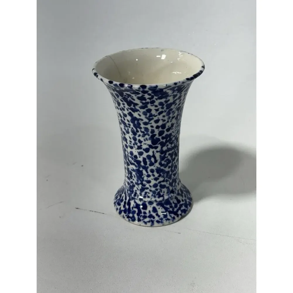 Antique Meco Czecho Slovakia Blue Spongeware Floral Art Pottery Vase 6
